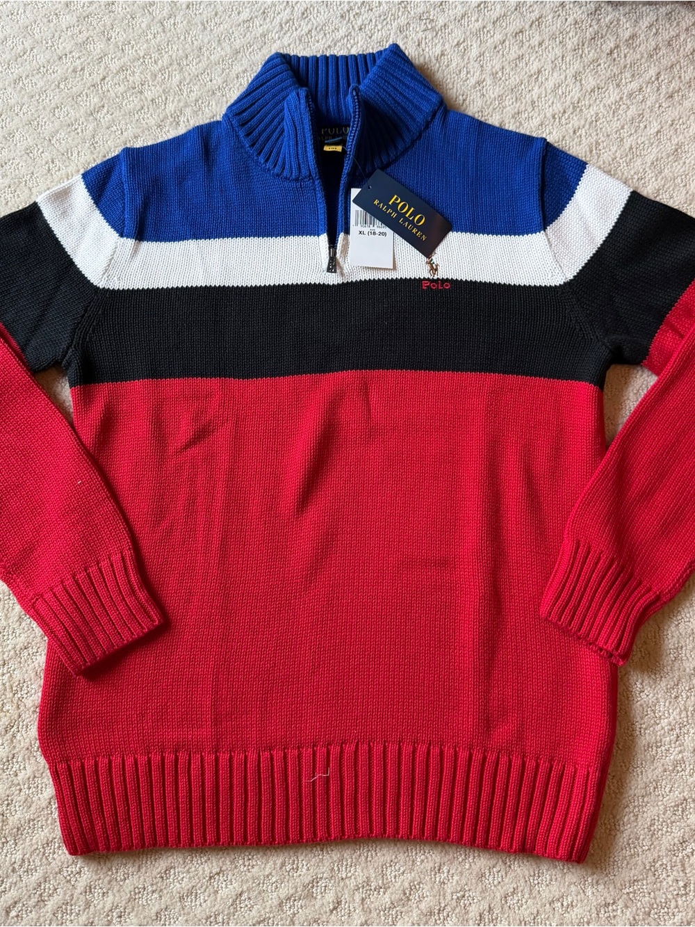 Polo by Ralph Lauren Red, Black, Blue & White Half-Zip Sweater- Boys Youth 18/20
